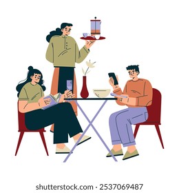 Man and Woman in the Cafe Sitting at Table Enjoy Food and Drink Vector Illustration