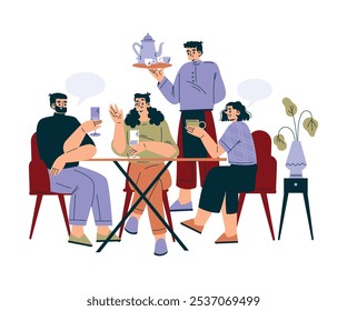 Man and Woman in the Cafe Sitting at Table Enjoy Drink and Communicate Vector Illustration