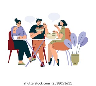 Man and Woman in the Cafe Sitting at Table Enjoy Drink and Eating Food Vector Illustration