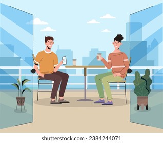 Man and woman in cafe. Young couple sitting at table with cups of coffee or tea. Family or friends in restaurant or coffee shop, catering. Poster or banner. Cartoon flat vector illustration