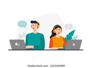 A Man And Woman From A Call Center. Dealing With A Customer Problem, Answering Phone Calls, Chatting With Clients. Customer Support Department Staff, Telemarketing Agents. Vector Flat Illustration.