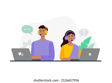 A man and woman from a call center. Dealing with a customer problem, answering phone calls, chatting with clients. Customer support department staff, telemarketing agents. Vector flat illustration.