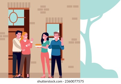 Man and woman came to meet their neighbors and brought pie to share. Housewarming celebration. Neighborhood holiday. Dating gift cake. Families standing on porch of house