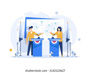 Man and woman candidates are discussing on stage. Debates concept. Candidates speech in front of the crowd people. Flat vector illustration
