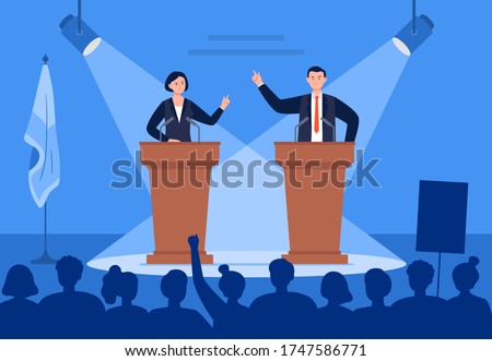 Man and woman candidates are discussing on stage. Debates concept. Candidates speech in front of the crowd people. Flat vector illustration.