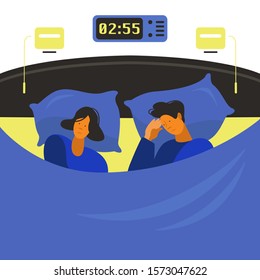 A man and a woman cannot fall asleep. They suffer from insomnia and lie with their eyes open in a dark room. Flat cartoon style vector illustration.