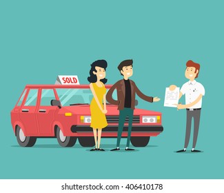 Man, Woman And Car Dealer. Vector Illustration.