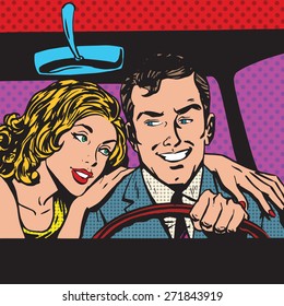 Man and woman in the car family pop art comics retro style Halftone. Imitation of old illustrations. Imitation vintage illustrations. Buy transport