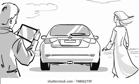 A man, a woman and a car outdoor. A woman is going to the car. A man standing and holding a tablet. Black and white vector sketch. Simple drawing.