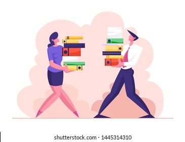 Man and Woman Carry Big Heap of Documents Files. Business People Characters, Office Employee at Work, Very Busy Day, Accounting Bureaucracy, Manager New Job Position. Cartoon Flat Vector Illustration