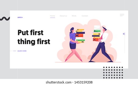 Man and Woman Carry Big Heap of Documents Files. Business People Characters, Office Employee at Work, Busy Day, Bureaucracy Website Landing Page, Web Page. Cartoon Flat Vector Illustration, Banner