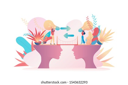 Man and woman carry each other big light bulbs. Metaphor of the exchange of ideas. Concept of team office work, brainstorming, collaboration. Vector flat illustration.