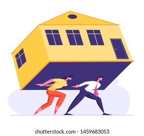 Man And Woman Carry Heavy Huge House On Back. Family Couple Characters Struggling With Overwhelming Mortgage, Banking Credit For ReaL Estate Purchase, Expensive Rent. Cartoon Flat Vector Illustration