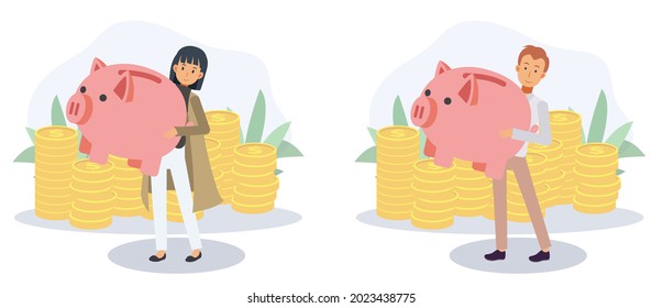 Hombre y mujer llevan un banco de cerdo para fines económicos ahorrando dinero. Economía e independencia financiera, ahorrando dinero concepto.Un vector plano ilustración de caricaturas 2D.