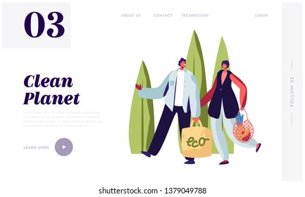 Man and Woman Carry Products in Paper and String Bags. Eco Natural Packing for Goods. Ecologically Safety Containers for Food. Website Landing Page, Web Page Cartoon Flat Vector Illustration, Banner