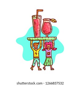 Man and woman carry tray with cocktail and juice. Fruit delivery concept. Vector illustration.