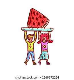 Man and woman carry tray with watermelon. Fruit delivery concept. Vector illustration.