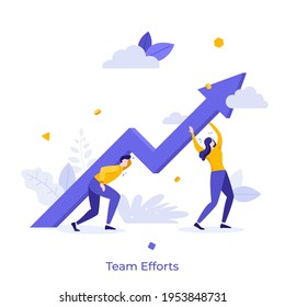 Man and woman carrying ascending arrow chart together. Concept of team effort, teamwork, collective work for progress, development and growth of company. Modern flat vector illustration for poster.