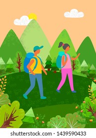 Man and woman carrying backpacks vector, couple traveling together walking in forest with mountains and lush flora, bushes and flowers in bloom campers