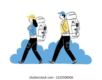 man and woman carrying the big backpack for trekking in nature
