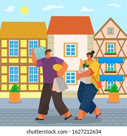 Man and woman carrying bought products from supermarket. Couple loaded with groceries returning home passing houses and buildings in old town. Boyfriend and girlfriend with bags, vector in flat style