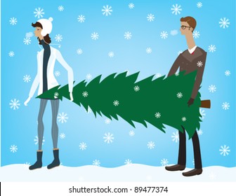 Man and Woman Carrying Christmas Tree