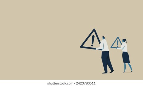 Man and woman carrying danger marks of various sizes.