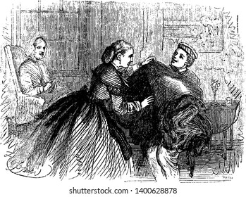 A man and woman carrying fabric, another woman sitting behind them, vintage line drawing or engraving illustration