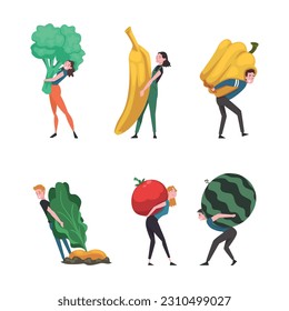Man and Woman Carrying Huge Fruit and Vegetable Vector Set