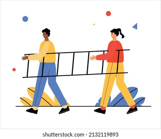 A man and a woman are carrying a ladder. Collaboration