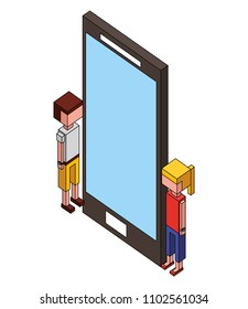 man and woman cartoon with big smartphone isometric