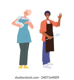 Man and woman cartoon character enjoying cooking, dinner preparation isolated full-length portrait