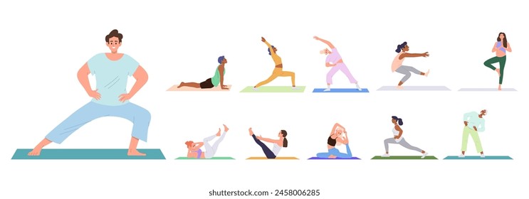 Man and woman cartoon characters exercising doing different pilates exercises isolated on white