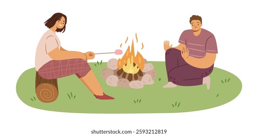 Man and woman cartoon characters getting warm near campfire. Vector couple camping, frying sausage or marshmallow on fire and sitting on logs in forest. Summer rest and leisure in nature, eco tourism