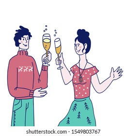 Man and woman cartoon characters loving couple, friends or colleagues wishing Merry Christmas and toasting, vector illustration in sketch style. New Year celebration - Xmas  greeting cards design.