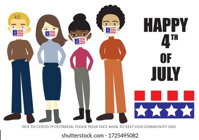 Man And Woman Cartoon Characters Wear Face Mask With Forth Of July Pattern. People Vectors On White Background. Happy 4th Of July Text, Red Stripes And White Star On Blue. 