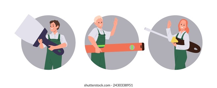 Man and woman cartoon characters wearing uniform holding work tools isolated round composition