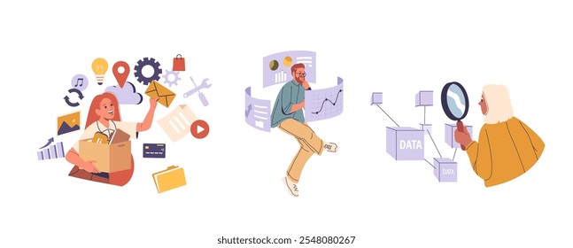 Homem e mulher personagens de desenhos animados trabalhando com dados virtuais em armazenamento em nuvem e conjunto isolado de rede