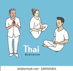 man and woman cartoon meditation practice mind and learn Dharma,vector 