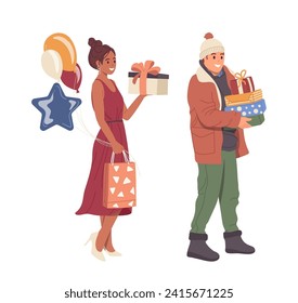 Man and woman cartoon people characters holding wrapped gift boxes for birthday and Christmas