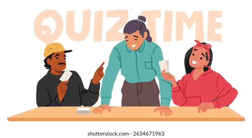 Man and woman cartoon players characters taking part in team quiz game competitive show answering on question scene. TV program for clever people brainstorming activity event vector illustration