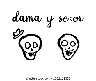 Man and woman cartoon skulls. Mexican Dia de los Muertos illustration