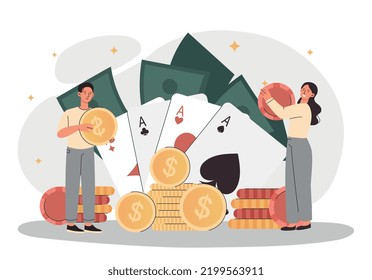 Man and woman in casino. Advertising poster or banner for website. Gambling, entertainment, poker, bet and fortune. Young couple with cards, money and chips. Cartoon flat vector illustration