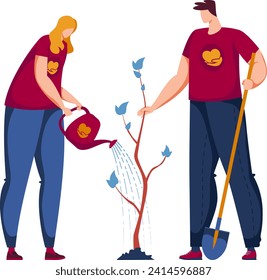 Man and woman in casual clothes are planting a young tree, gardening together, nurturing plant. Environmental activism and teamwork in nature vector illustration.