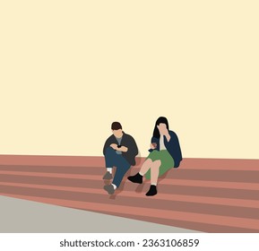 Man and woman in casual clothes talking and playing smartphone while sitting on stairs outdoors in the city street.