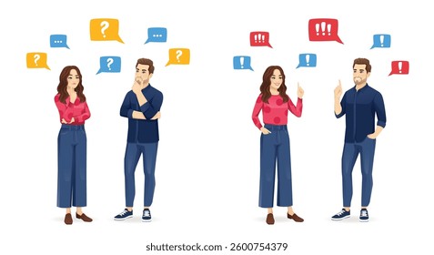 Man and woman in casual clothes thinking and making idea pointing up isolated on white background vector illustration