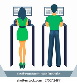 Man and woman in casual clothes working in a standing position workplace in front of monitor. Vector illustration.
