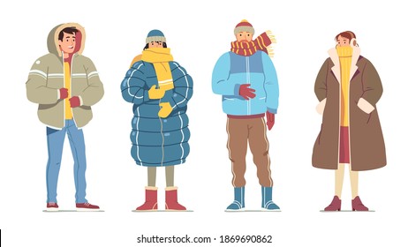 Man, woman casual winter cold weather clothes fashion styles. Persons wearing scarfs, hats, gloves, mittens, warm coats, down jackets, boots. People cartoon characters flat vector illustration set