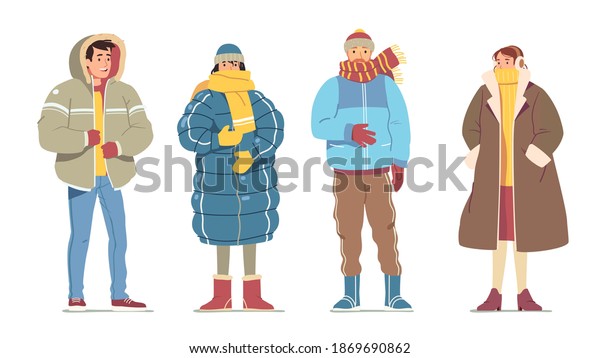 Man, woman casual winter cold weather clothes fashion\
styles. Persons wearing scarfs, hats, gloves, mittens, warm coats,\
down jackets, boots. People cartoon characters flat vector\
illustration set