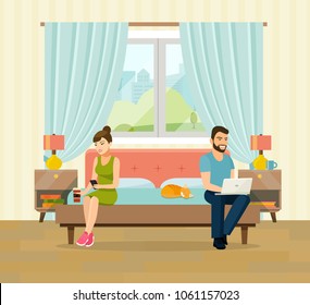 Man, Woman And Cat Sitting On The Couch With Notebook And Smartphone. Interior Space Bedroom With A Bed Near A Window. Vector Flat Illustration